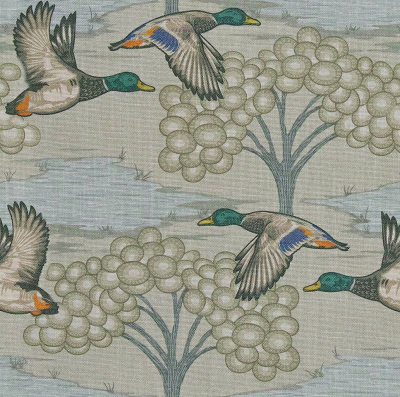 Muted sage green fabric with mallards, water and clustered round flowers