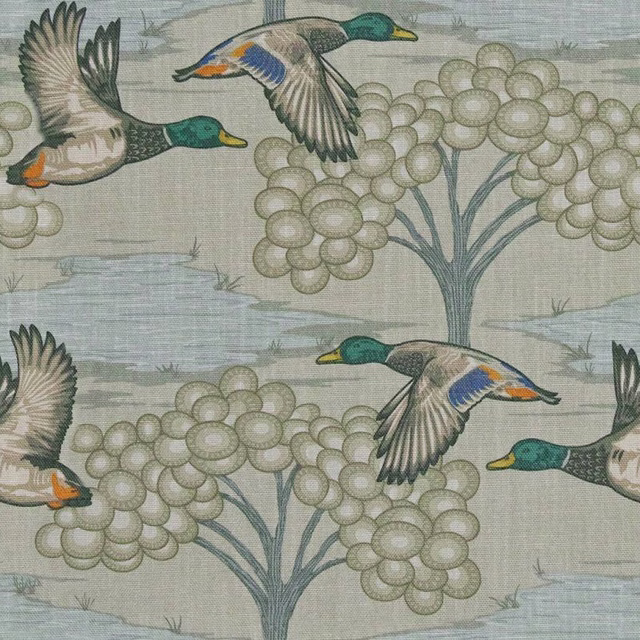 Muted sage green fabric with mallards, water and clustered round flowers