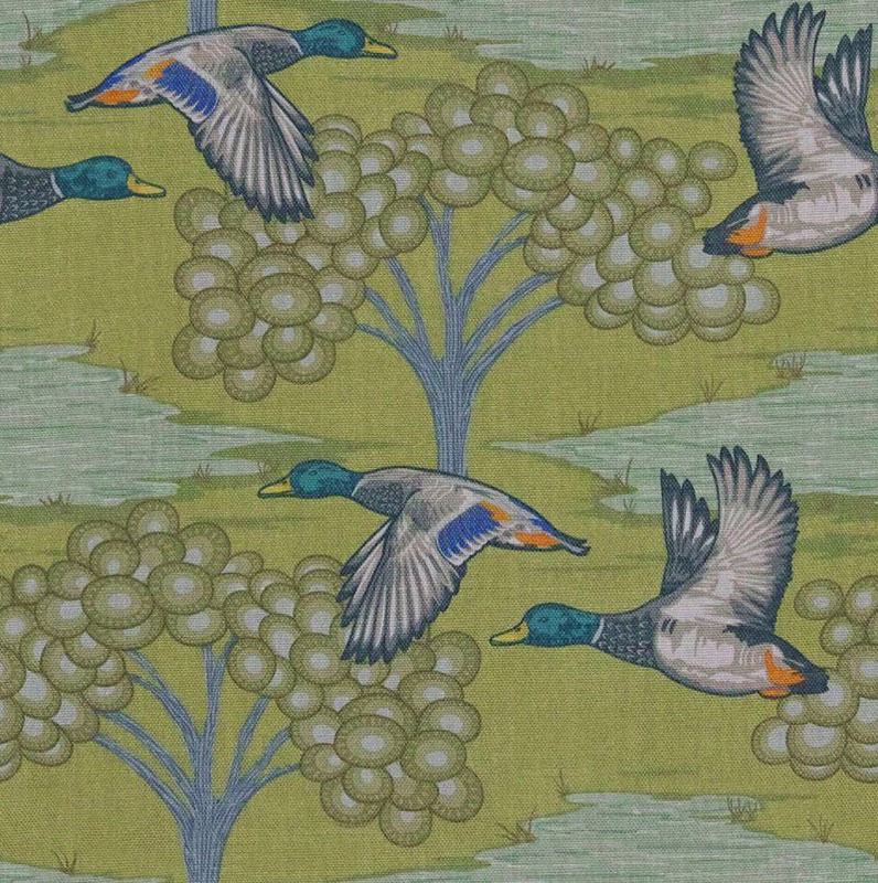 Muted olive fabric with flying teal ducks, blue stems and clustered round blooms