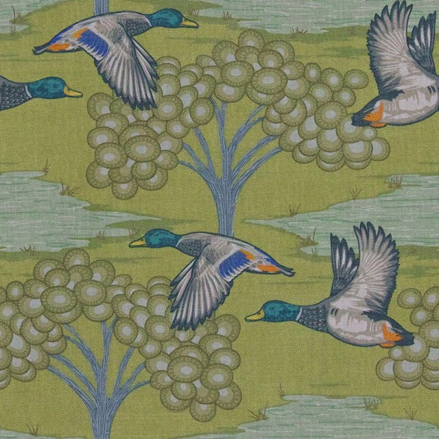 Muted olive fabric with flying teal ducks, blue stems and clustered round blooms