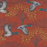 Burnt terracotta woven ground with flying ducks and ochre blossom trees