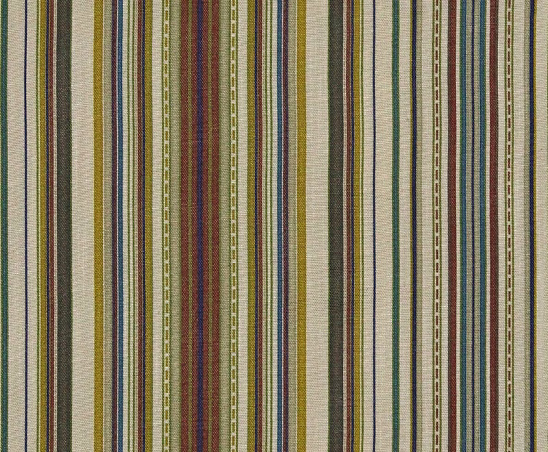 Close view of olive, teal, rust and cream vertical woven stripes