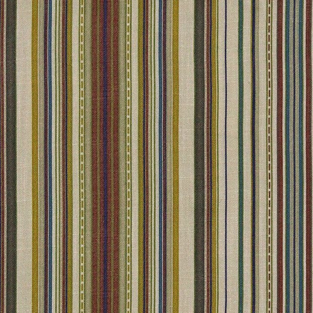 Close view of olive, teal, rust and cream vertical woven stripes