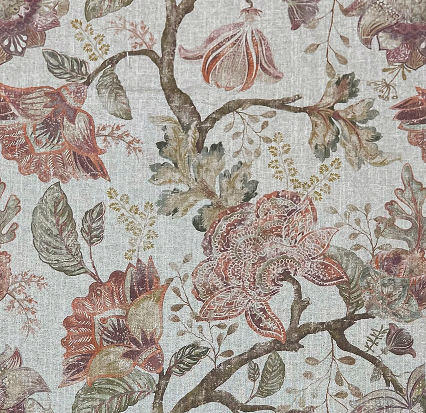 Pale blue-grey botanical fabric with brick-red flowers, olive leaves and dark branching stems