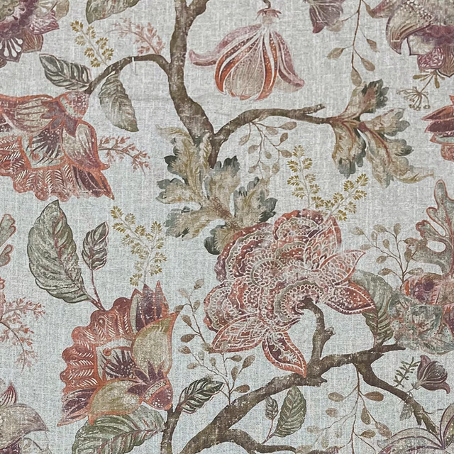 Pale blue-grey botanical fabric with brick-red flowers, olive leaves and dark branching stems