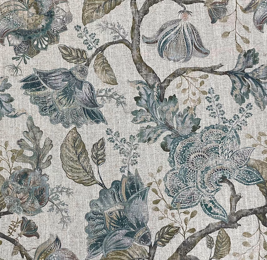 Muted emerald botanical fabric with teal flowers and dark leafy branches on a pale textured ground