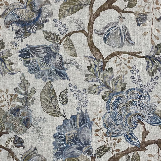 Ink-blue botanical blooms and pods on a grey-beige slub-textured woven fabric