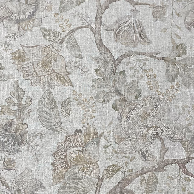 Pale grey linen-look ground with taupe branches, leaves and faded botanical blossoms