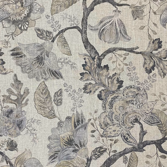 Smoke-grey botanical design with charcoal branches and textured woven ground