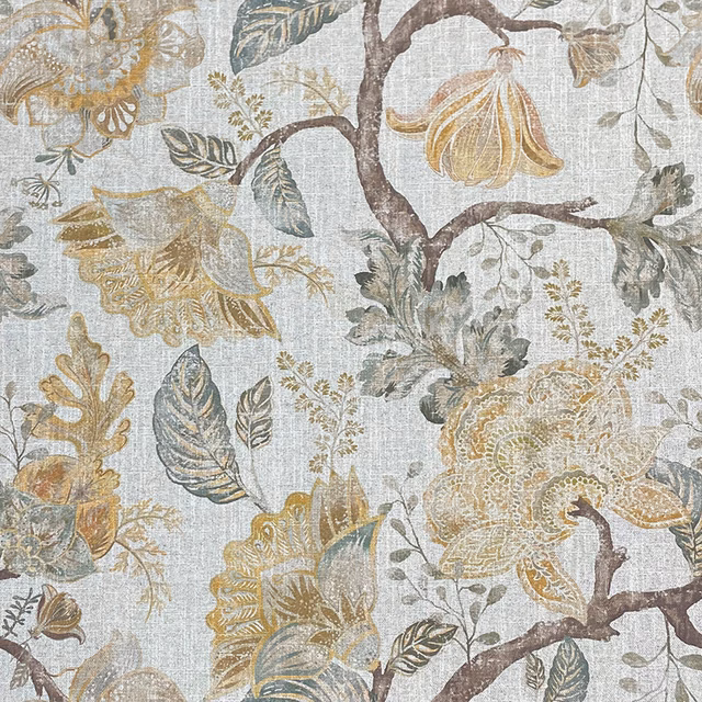 Pale grey botanical weave with ochre flowers, sage leaves and brown branches