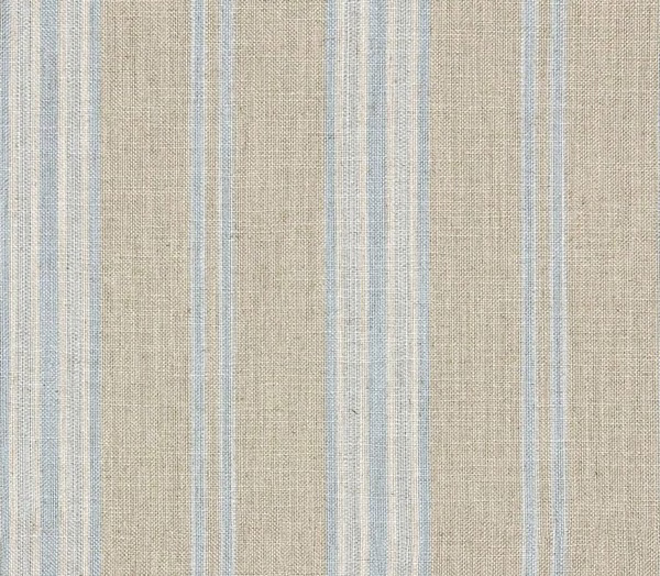 Linen-beige woven fabric with narrow irregular sky-blue vertical stripes