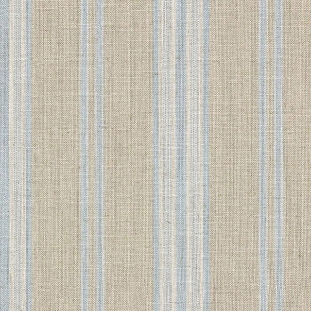 Linen-beige woven fabric with narrow irregular sky-blue vertical stripes