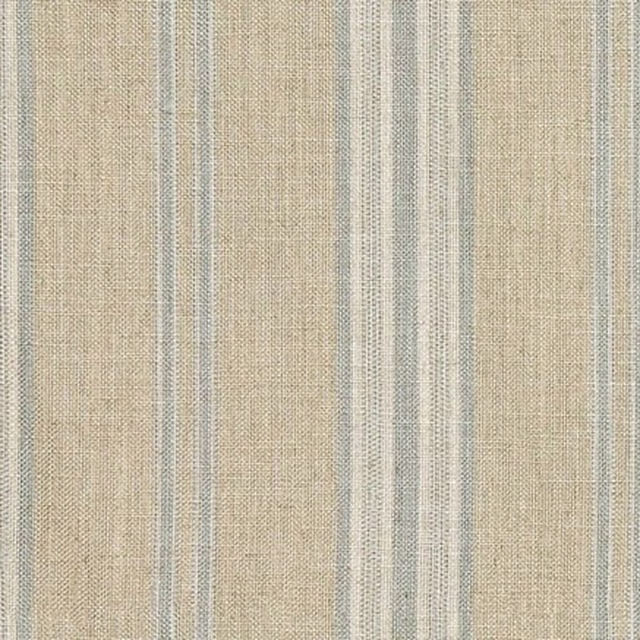 Stone-beige woven fabric with fine cool steel-blue vertical stripes