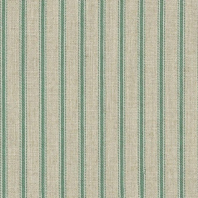 Textured beige fabric with fine vertical basil-green stripes in a close woven pattern