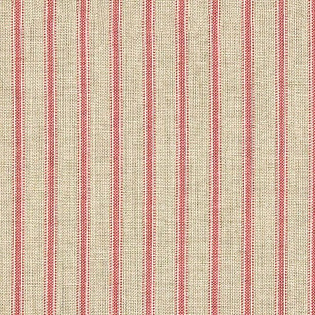 Warm cream woven ground with narrow vertical brick-red stripes and granular texture
