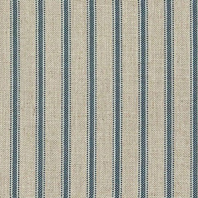 Cream woven ground with narrow muted blue vertical stripes and dotted edges