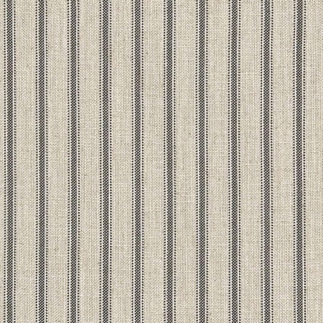 Charcoal and oat woven fabric with fine vertical stripe bands and textured crossweave