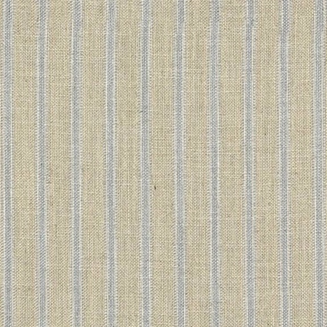Pale steel blue-grey and beige woven vertical stripe fabric with fine texture