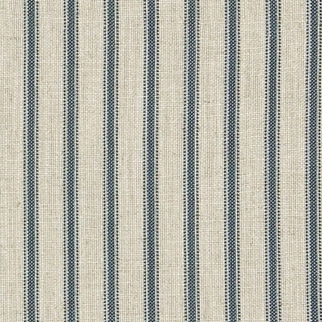 Ivory woven ground with evenly spaced narrow navy vertical stripes and fine crosshatch texture