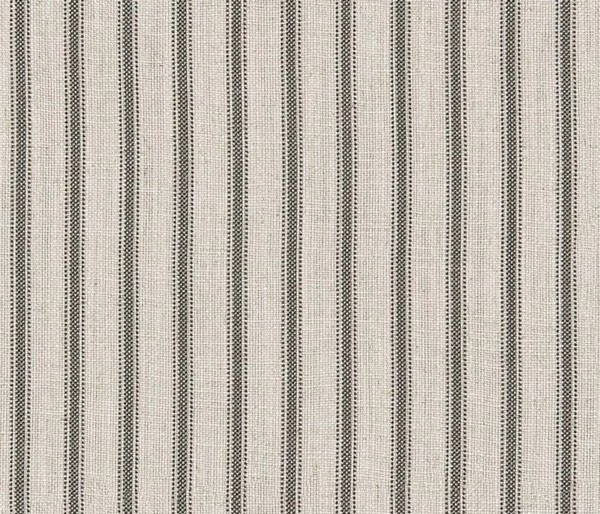 Ivory woven fabric with narrow charcoal dotted vertical stripes in close repeat