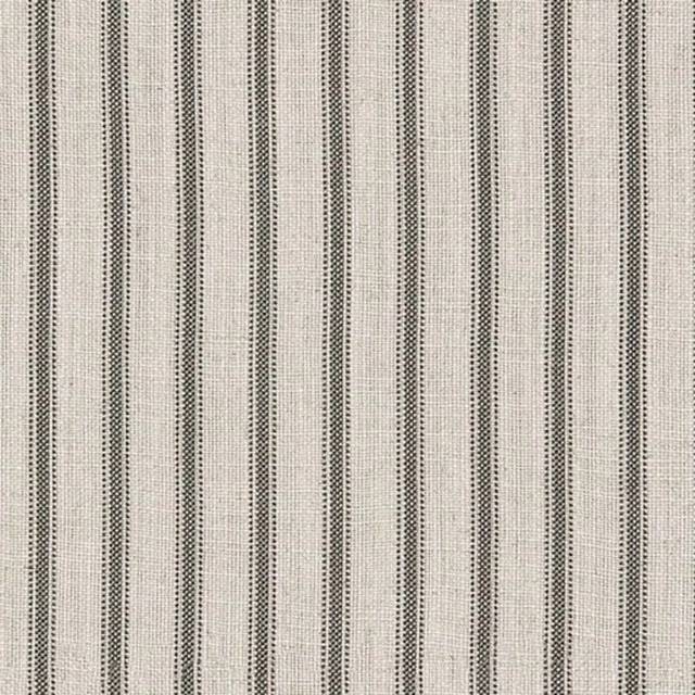 Ivory woven fabric with narrow charcoal dotted vertical stripes in close repeat