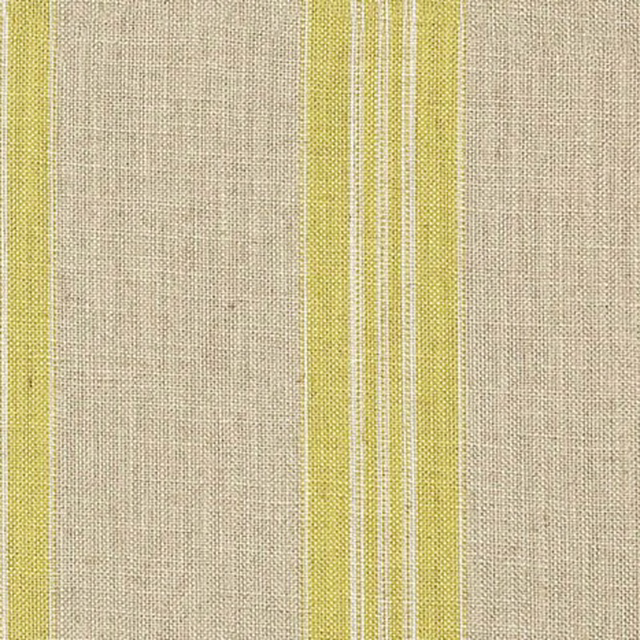 Flax-beige woven ground with narrow citrus yellow-green vertical stripes
