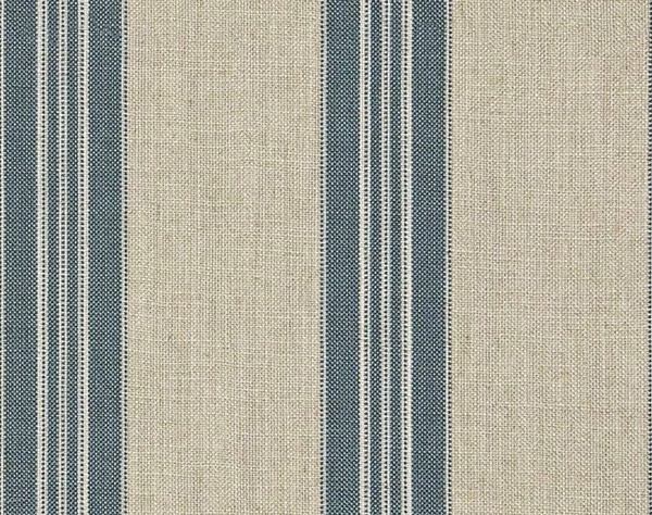 Natural beige woven fabric with alternating narrow and broad navy vertical stripes