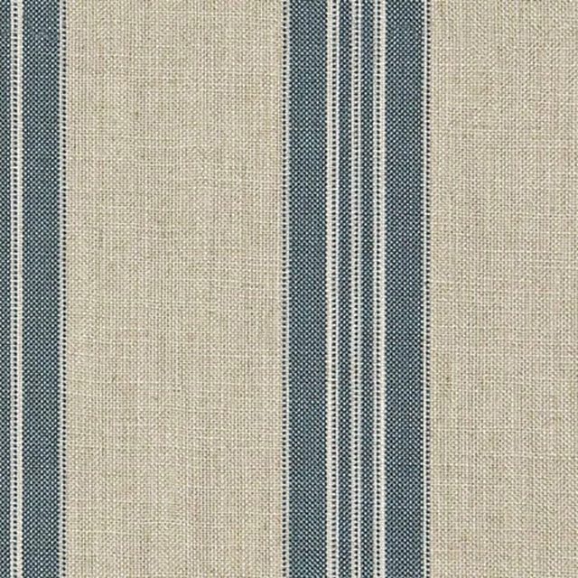 Natural beige woven fabric with alternating narrow and broad navy vertical stripes