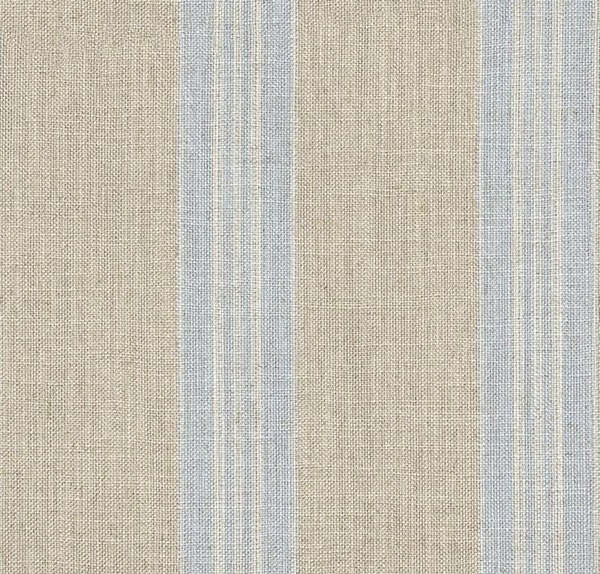 Pale sky-blue and flax woven fabric with broad vertical stripes and fine texture