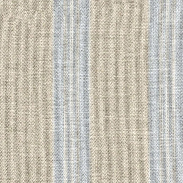 Pale sky-blue and flax woven fabric with broad vertical stripes and fine texture