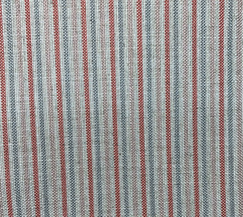Blue-grey, coral and cream narrow vertical stripes in a textured woven fabric