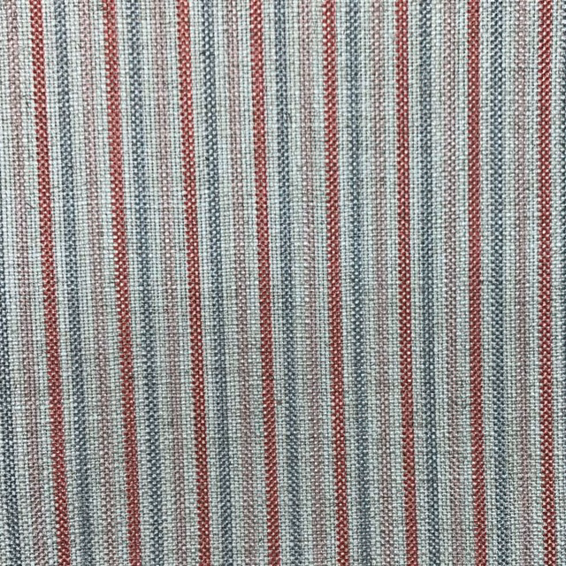 Blue-grey, coral and cream narrow vertical stripes in a textured woven fabric