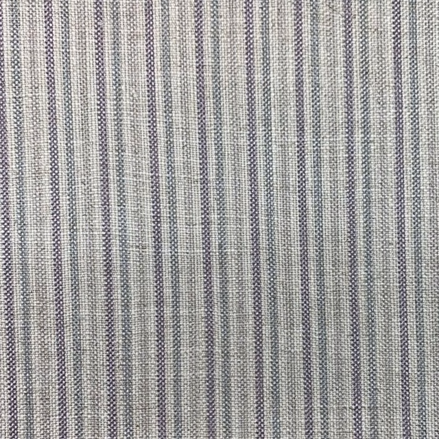 Stone-grey woven textile with narrow plum vertical stripes and tactile slub texture