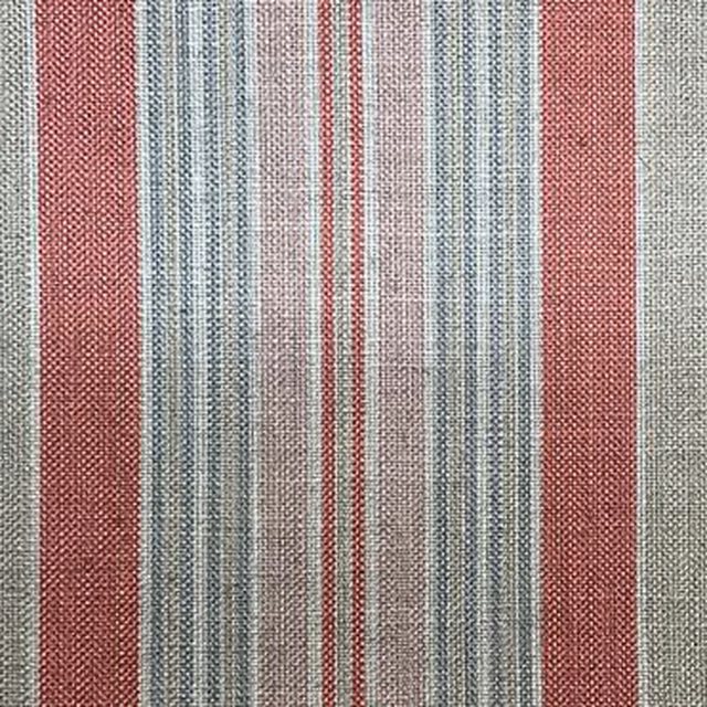 Warm grey woven fabric with dusty red, blue, cream and blush vertical stripes