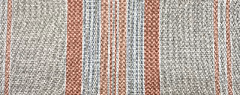 Warm pumpkin and blue-grey vertical stripes over a textured greige ground