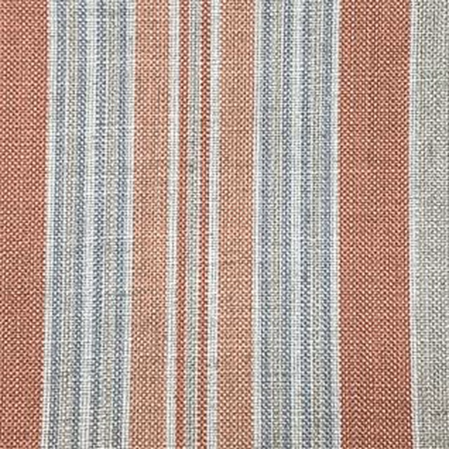 Warm pumpkin and blue-grey vertical stripes over a textured greige ground