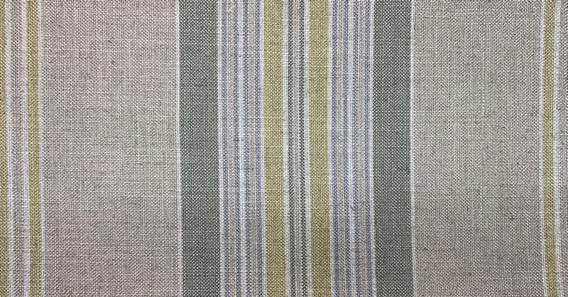 Fine vertical stripes in soft grey, olive green, blue-grey and cream woven texture