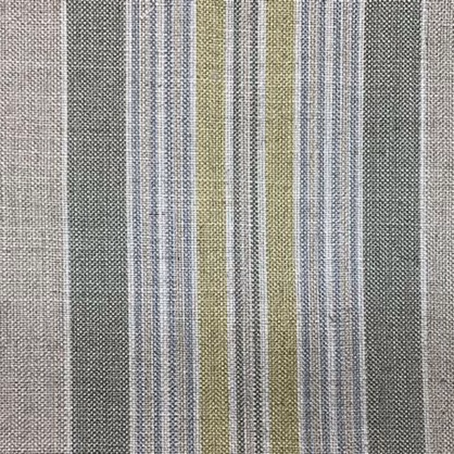 Fine vertical stripes in soft grey, olive green, blue-grey and cream woven texture