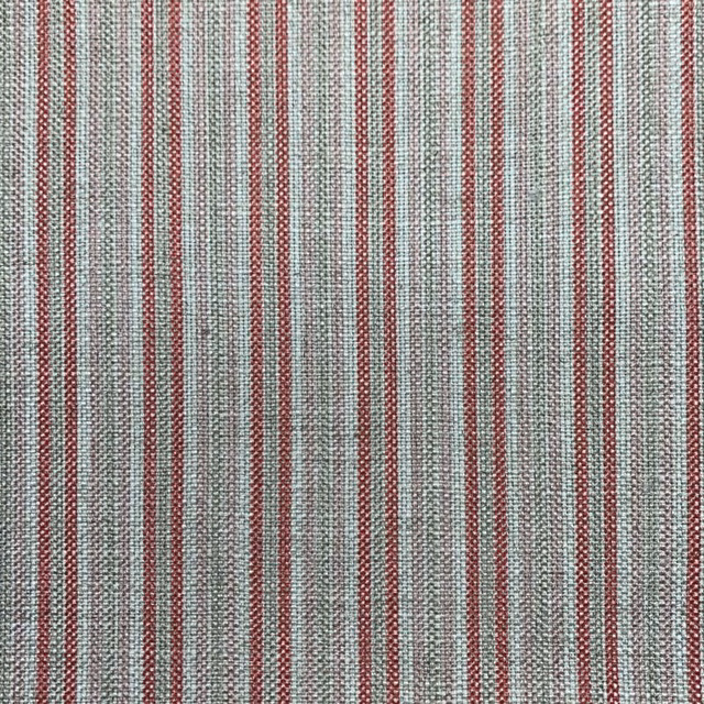 Sage-grey woven fabric with fine vertical stripes in muted candy red and green