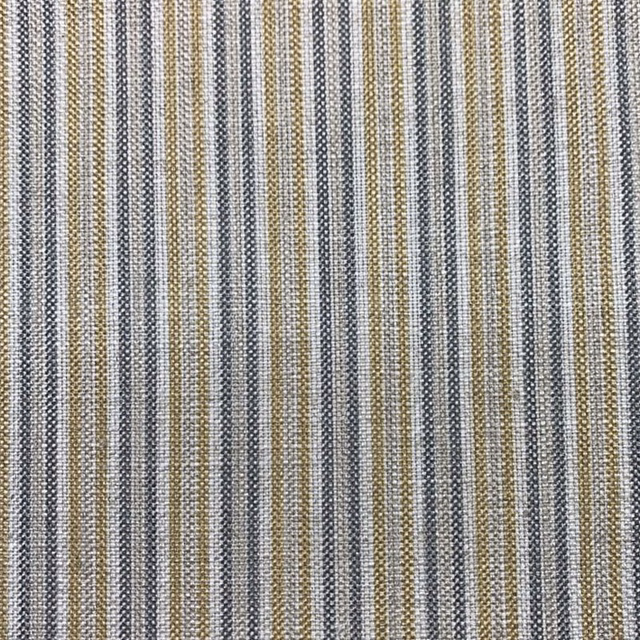 Hodder Dijon swatch with narrow Dijon, charcoal grey and cream woven vertical stripes