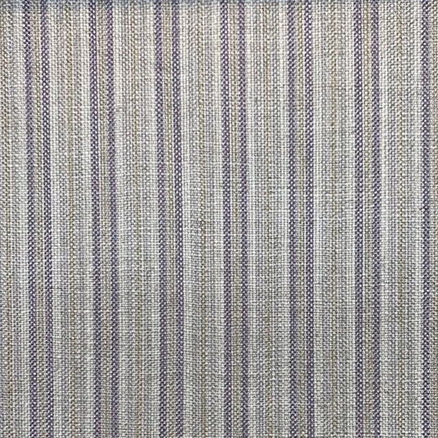 Cool taupe woven fabric with narrow vertical sloe-purple and grey stripes