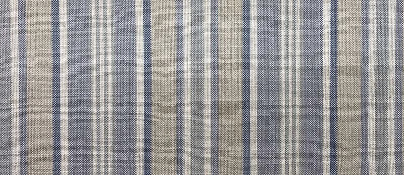 Muted denim-blue and oatmeal vertical stripes in a finely textured woven surface