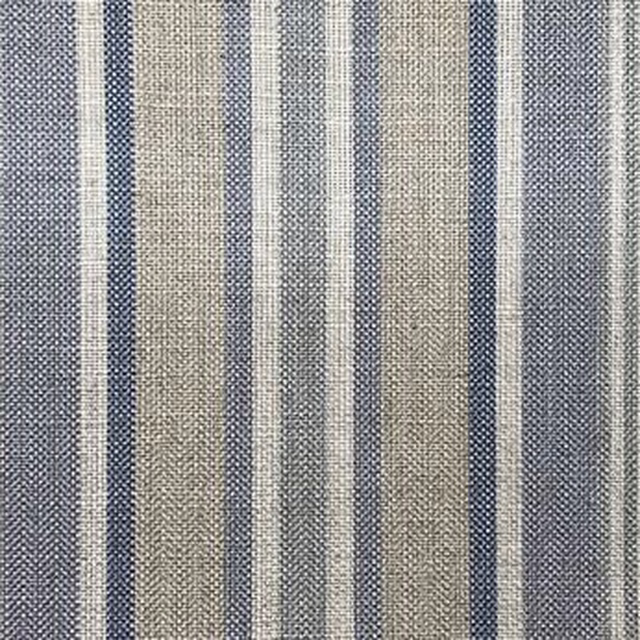 Muted denim-blue and oatmeal vertical stripes in a finely textured woven surface