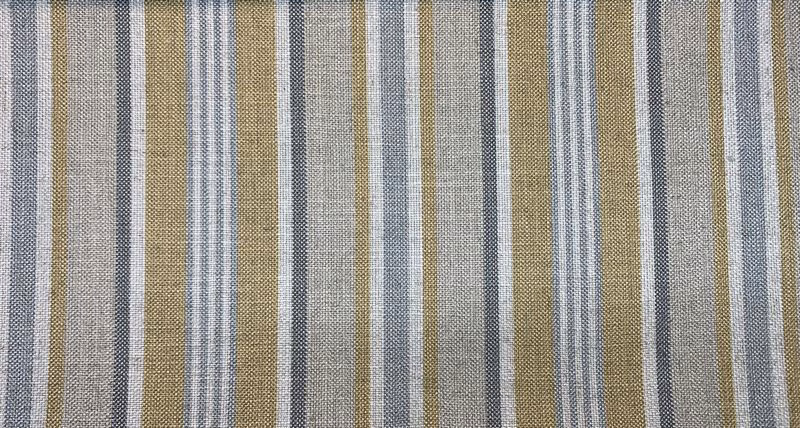 Woven Dijon fabric with vertical mustard, ivory, stone and grey stripes