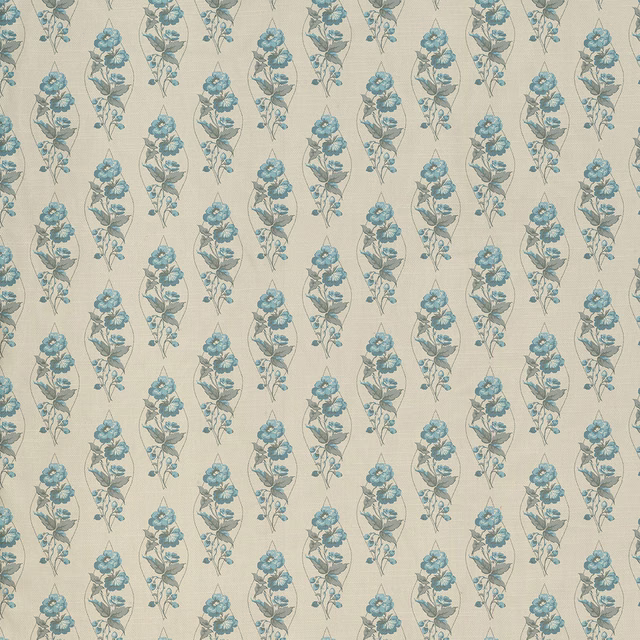 Cream textile with repeating blue-grey floral sprays and delicate French grey stems