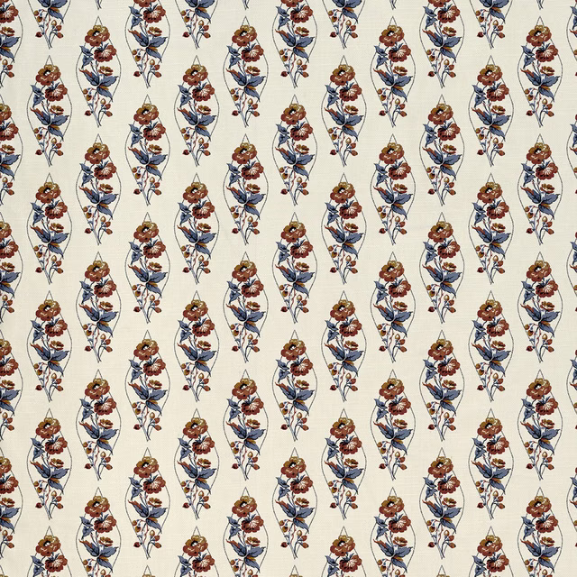 Cameo Ink fabric with rust and ink-blue floral sprigs on an ivory ground