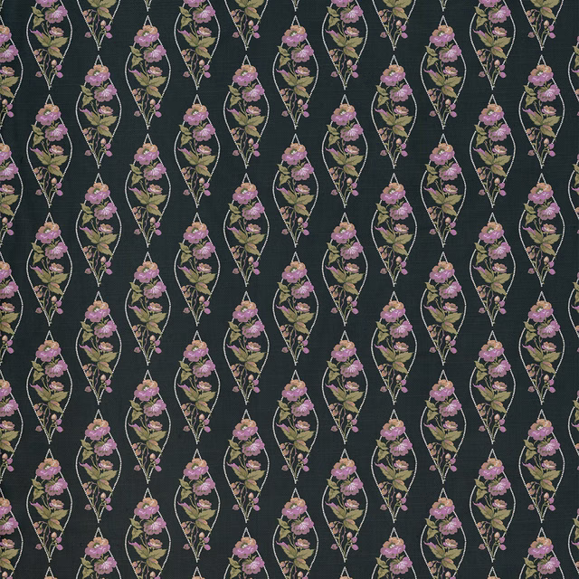 Charcoal fabric with repeating mauve flower sprays, olive leaves and pale outlines
