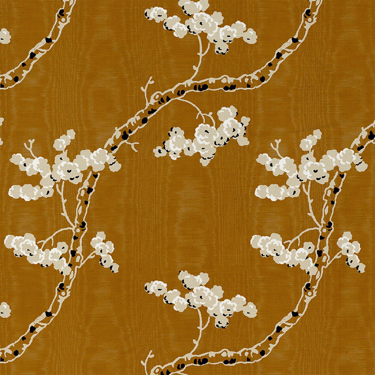 Gold ochre fabric with cream blossom branches, dark twig marks and a visible woven grain