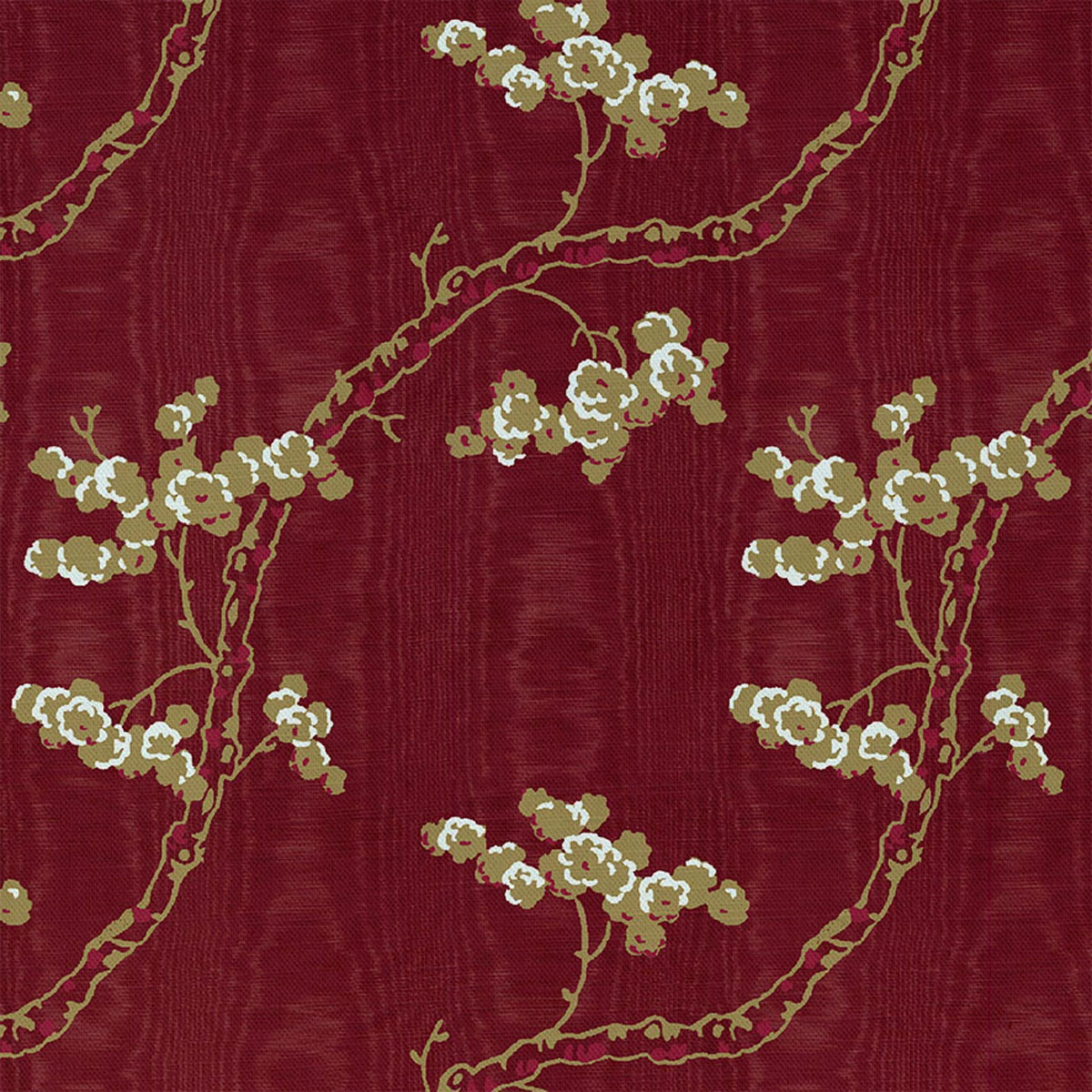 Madder-red textile with olive-gold branches, cream blossoms and vertical woven texture