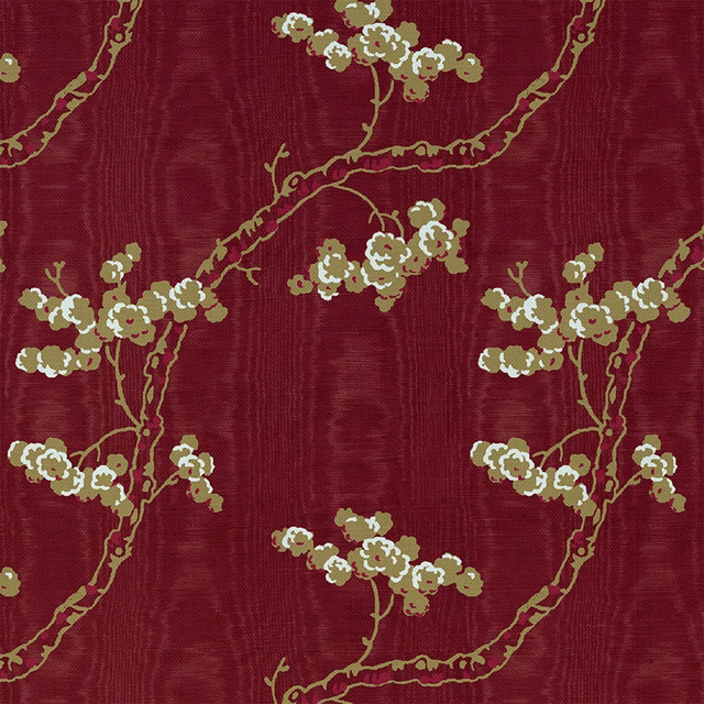 Madder-red textile with olive-gold branches, cream blossoms and vertical woven texture